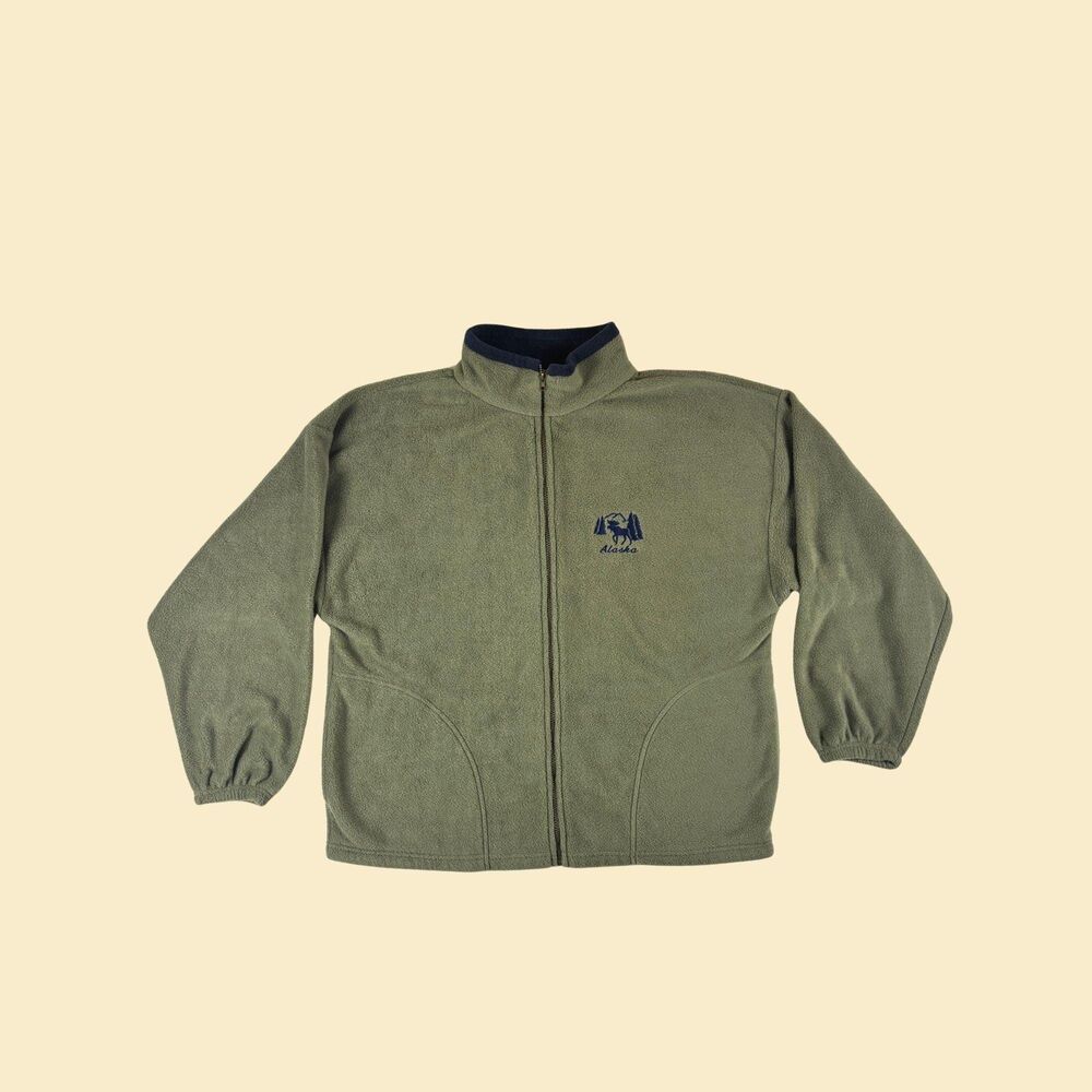 90s XL fleece jacket w/ Alaska & moose logo, vintage pastel green/blue jacket
